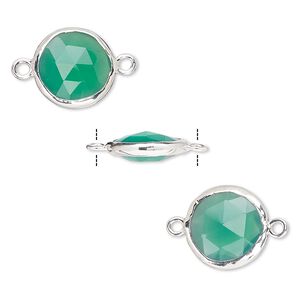 Link, green onyx (dyed) and sterling silver, 12mm double-sided faceted round. Sold per pkg of 2.