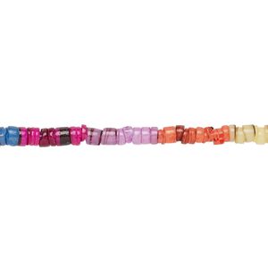 Bead, common hammer oyster shell (dyed), rainbow, 2-3mm hand-cut heishi, Mohs hardness 3-1/2. Sold per 24-inch strand.