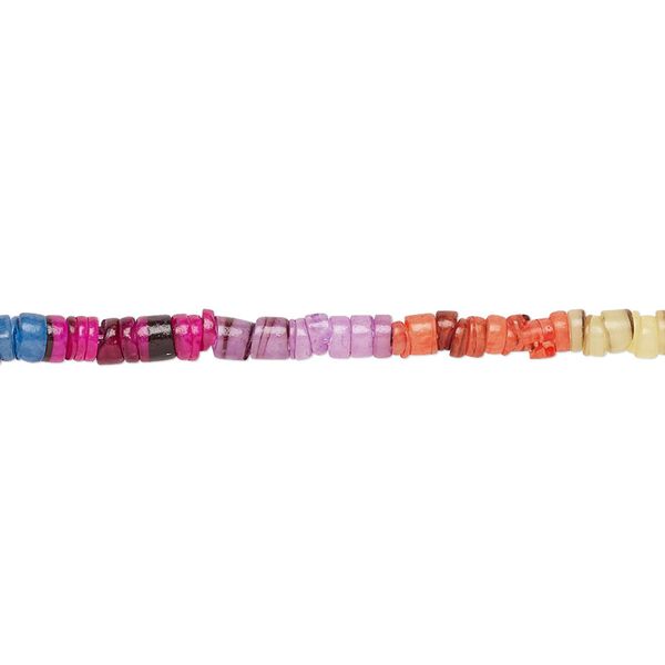 Bead, common hammer oyster shell (dyed), rainbow, 2-3mm hand-cut heishi, Mohs hardness 3-1/2. Sold per 24-inch strand. image number 0