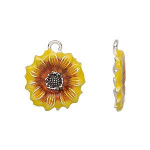 Charm, enamel and antique silver-finished pewter (tin-based alloy), orange and yellow, 18mm sunflower. Sold per pkg of 2.
