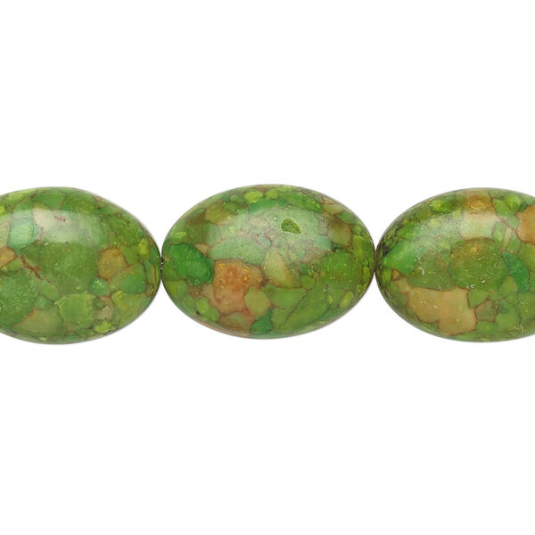 Bead, mosaic "turquoise" (magnesite) (dyed / assembled), green, 18x13mm oval, B grade, Mohs hardness 3-1/2 to 4. Sold per 15-1/2" to 16" strand. image number 0