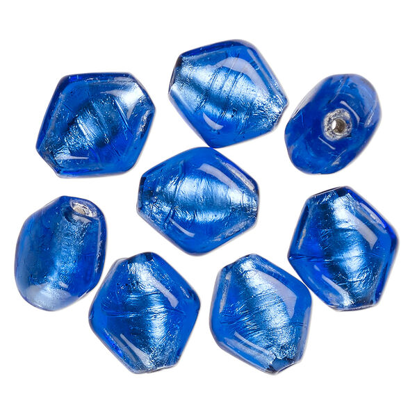 Bead, lampworked glass, opaque cobalt blue, 16x15mm-14x12mm puffed kite with silver-colored foil. Sold per pkg of 8. image number 0