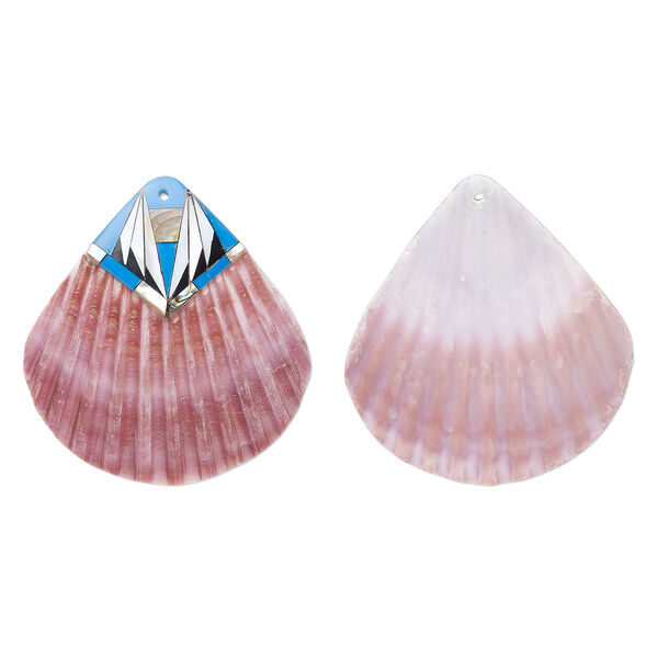 Focal, sea scallop shell / multi-shell / resin (dyed/assembled), mauve / medium blue / multicolored, 53x50mm, Mohs hardness 3-1/2. Sold individually. image number 0