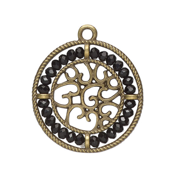 Drop, glass and antique brass-finished "pewter" (zinc-based alloy), black, 28mm round with hearts and beaded border. Sold per pkg of 2. image number 0
