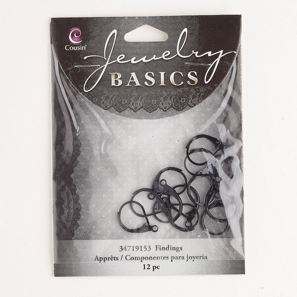 Ear wire, brass, pkg/6 pairs, matte black finish, 16mm leverback with open loop, 21 gauge. image number 0