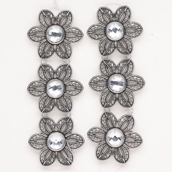Spacer brass acrylic 6pk 37x33mm flower, antique silver finish blue shade image number 0