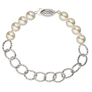 Bracelet 1pkg1, antique silver-finished brass and glass pearl, 8mm width, 7 inches with fishhook clasp.