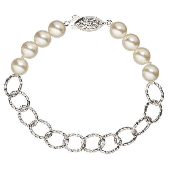 Bracelet 1pkg1, antique silver-finished brass and glass pearl, 8mm width, 7 inches with fishhook clasp. image number 0