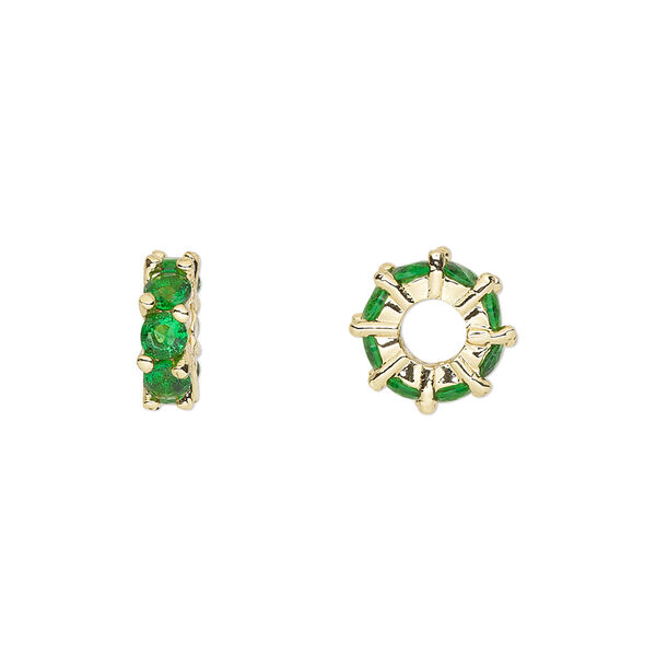 Bead, cubic zirconia and gold-plated brass, emerald, 10.5x3.5mm rondelle. Sold per pkg of 2. image number 0