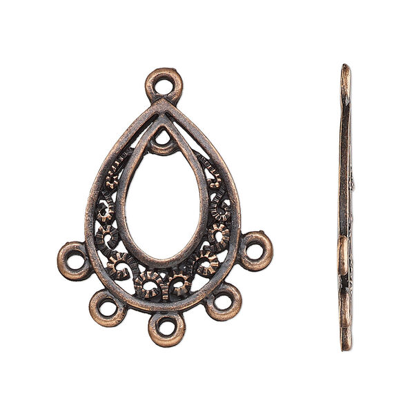 Drop, antique copper-finished "pewter" (zinc-based alloy), 23x17mm single-sided open teardrop go-go with textured design and 6 closed loops. Sold per pkg of 10. image number 0