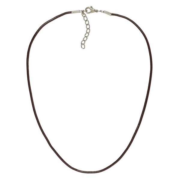 Necklace cord, leather and imitation rhodium-plated brass and steel, brown, 2mm round, 18 inches with 2-inch extender chain and lobster claw clasp. Sold per pkg of 6. image number 0