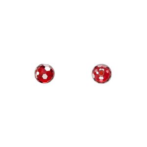 Bead, cubic zirconia, red, 6mm half-drilled faceted round. Sold per pkg of 2.