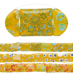 Bead mix, millefiori glass, translucent yellow / orange / multicolored, 10x12mm puffed rectangle with flower design. Sold per pkg of (3) 14-inch strands.