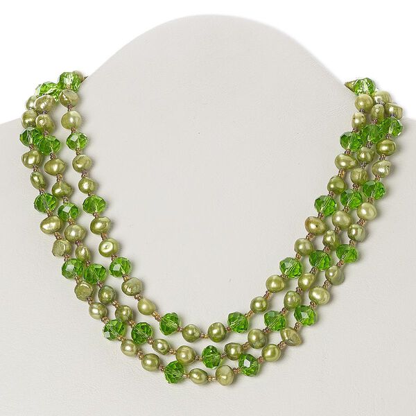 Necklace, 3-strand, cultured freshwater pearl (dyed) / glass / silver-plated brass, green and honey AB, rondelle, 17 inches with lobster claw clasp. Sold individually. image number 0
