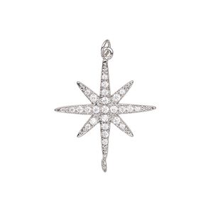 Charm, cubic zirconia and imitation rhodium-plated brass, clear, 21mm single-sided star with 3.5mm open jump ring. Sold individually.