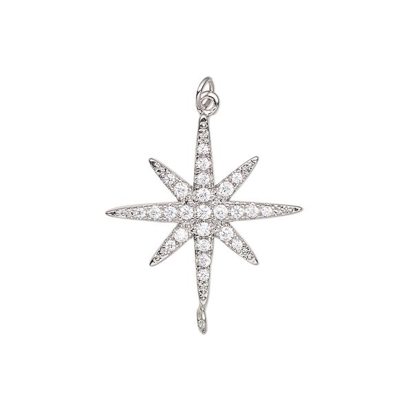 Charm, cubic zirconia and imitation rhodium-plated brass, clear, 21mm single-sided star with 3.5mm open jump ring. Sold individually. image number 0
