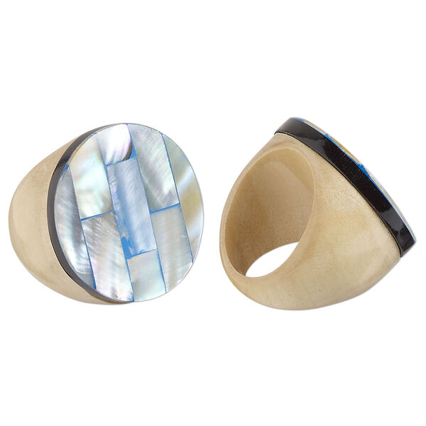 Ring, Everyday Jewelry, Taiwanese cheesewood, blue and black, 17mm round, size 6.5. Sold individually. image number 0