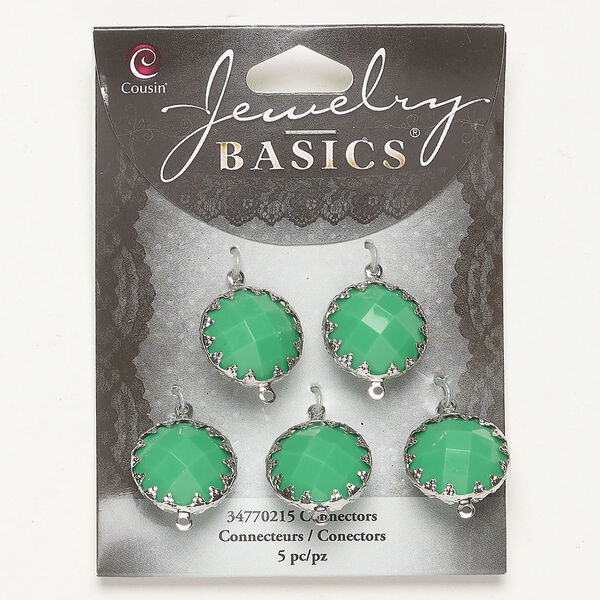 Link 1pkg5, antique silver-finished brass and acrylic, green, 18mm 2-sided faceted round. image number 0