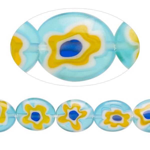 Bead, millefiori glass, translucent light blue and multicolored, 12x10mm puffed oval with flower design. Sold per 14-inch strand, approximately 35 beads. image number 0