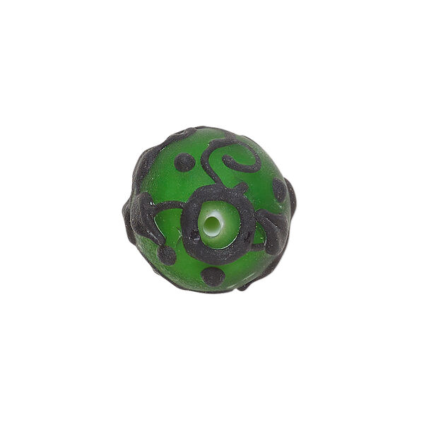 Bead, lampworked glass, opaque matte green and black with leaf and swirl design, 18mm round. Sold individually. image number 1