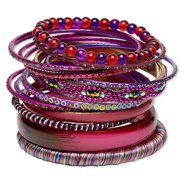 Bracelet, bangle, enamel / glass / resin / polyester / plastic sequin / gold-finished steel / aluminum / brass, assorted colors with glitter, 2.5-12mm wide, 8 inches. Sold per 14-piece set. image number 0