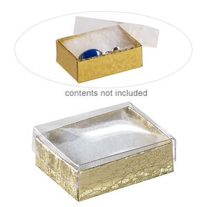 Box, plastic and paper, "cotton"-filled, gold and clear, 2-1/8 x 1-5/8 x 3/4 inch rectangle. Sold per pkg of 10.
