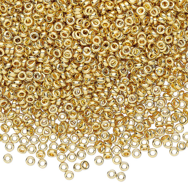Seed bead, Miyuki, glass, pkg/4g, 2.2x1mm spacer rondelle, opaque 14Kt gold-plated, (SPR2.2-191). image number 0