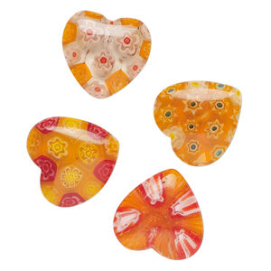Bead, millefiori glass, translucent orange / red / multicolored, 18-20mm half-drilled puffed heart. Sold per pkg of 4.