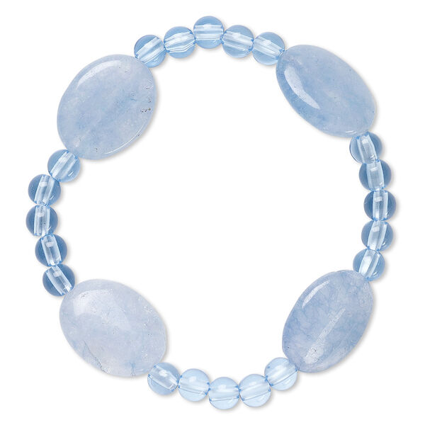 Bracelet, stretch, quartz (dyed) and acrylic, blue, 5mm round and 20x15mm-21x16mm flat oval, 6-1/2 inches. Sold individually. image number 0