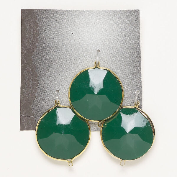 Link, glass and gold-finished "pewter" (zinc-based alloy), opaque green, 25mm double-sided faceted round. Sold per pkg of 3. image number 0