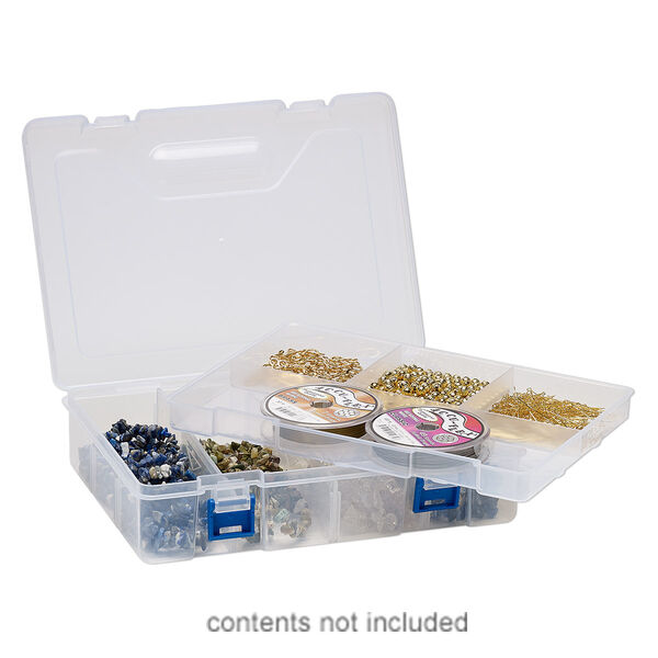Organizer, plastic, frosted clear and blue, 8-3/4 x 6 x 2-1/4 inch rectangle with 8 compartments and removable tray with hang tab. Sold individually. image number 0
