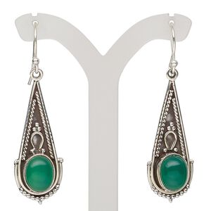 Earring, green onyx (dyed) and antiqued sterling silver, 49mm with fancy teardrop and fishhook ear wire, 21 gauge. Sold per pair.