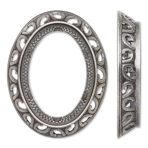 Component, antique silver-plated brass, 38x30mm oval with swirl design and 30x22mm oval setting. Sold per pkg of 4.