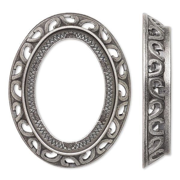 Component, antique silver-plated brass, 38x30mm oval with swirl design and 30x22mm oval setting. Sold per pkg of 4. image number 0