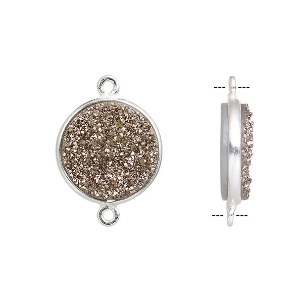 Link, titanium- / electro-coated druzy agate (coated) / sterling silver, rose gold, 15mm hand-cut single-sided flat round. Sold individually. image number 0