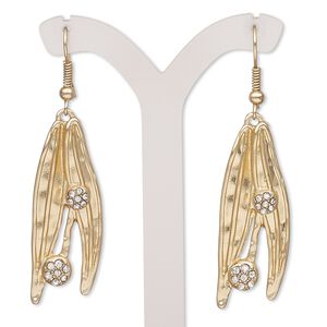 Earring, glass rhinestone with gold-finished brass and "pewter" (zinc-based alloy), clear, 2-1/2 inches with feathers and fishhook ear wire. Sold per pair.