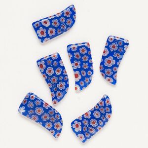 Component, millefiori glass, translucent cobalt blue / white / red, 24x12mm-28x14mm undrilled talon. Sold per pkg of 6.