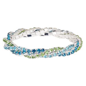 Bracelet, stretch, glass rhinestone and silver-plated brass, aqua blue / Mediterranean blue / green, 9mm wide braided cupchain, 7 inches. Sold individually.
