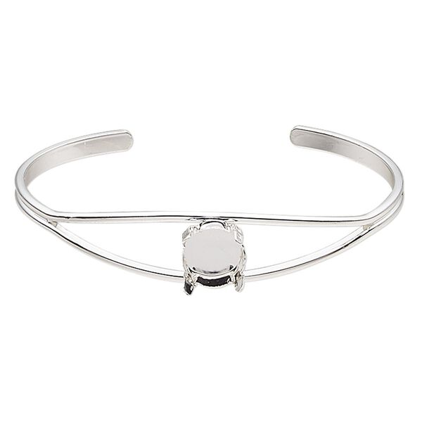 Bracelet, cuff, silver-finished brass, 12mm wide with SS47 4-prong rivoli setting, 7 inches. Sold individually. image number 0