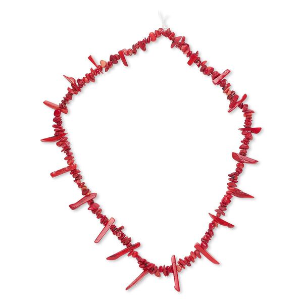 Bead, bamboo coral (dyed), red, small chip and 10x3mm-25x5mm graduated top-drilled stick, C grade, Mohs hardness 3-1/2 to 4. Sold per 15-inch strand. image number 0