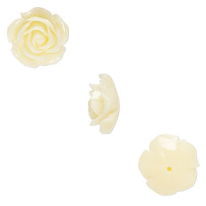 Bead, resin, antique white, 12x12mm half-drilled rose. Sold per pkg of 4.