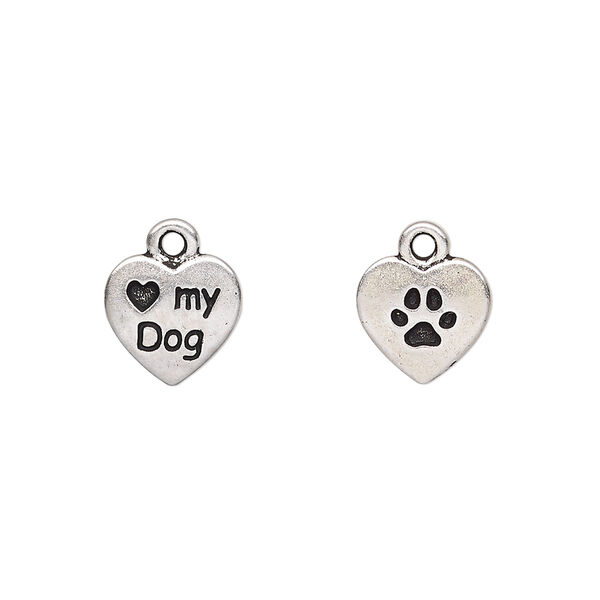 Charm, TierraCast®, antique silver-plated pewter (tin-based alloy), 10mm two-sided heart with "Love my Dog" and paw print. Sold per pkg of 20. image number 0