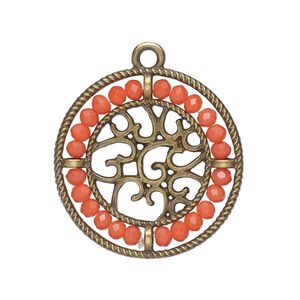 Drop, glass and antique brass-finished "pewter" (zinc-based alloy), salmon pink, 28mm round with hearts and beaded border. Sold per pkg of 2.