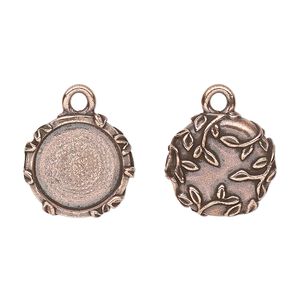Drop, TierraCast®, antique copper-plated pewter (tin-based alloy), 16mm round with leaf design, 12.5mm cabochon setting. Sold per pkg of 20.