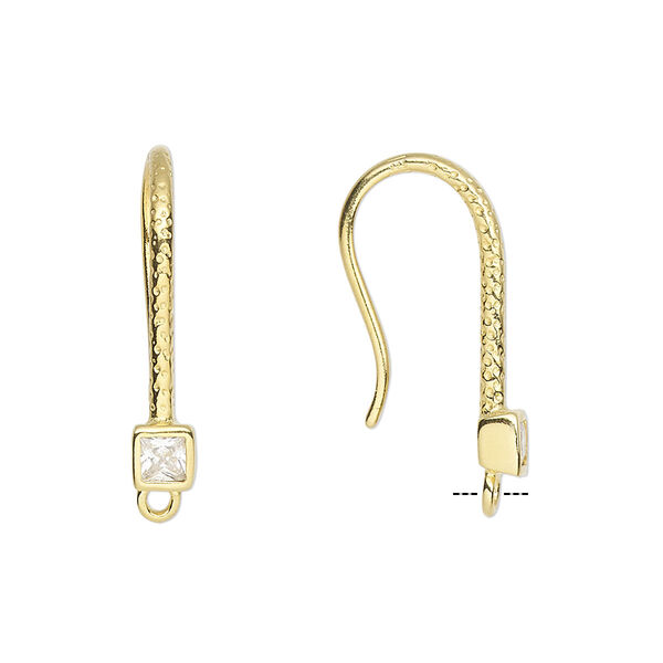 Ear wire, cubic zirconia and gold-finished sterling silver, clear, 24mm textured fishhook with 4mm faceted square and closed loop, 15 gauge. Sold per pair. image number 0