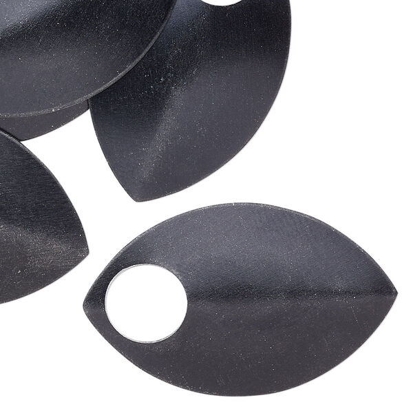 Component, anodized aluminum, black, 36x22mm 2-sided curved scale blank with 8mm hole, 20 gauge. Sold per pkg of 20. image number 0