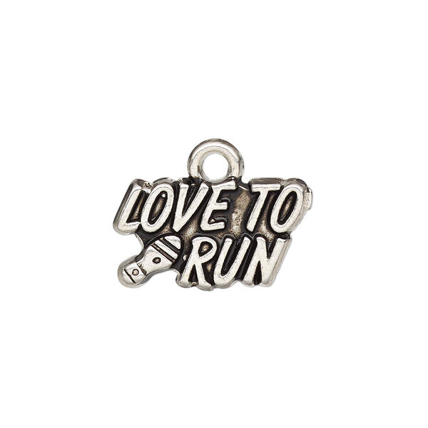 Charm, antique silver-finished "pewter" (zinc-based alloy), 17.5x9.5mm single-sided with "LOVE TO RUN" and shoe print. Sold per pkg of 2. image number 0