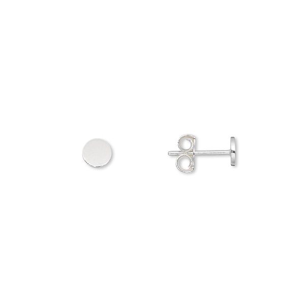 Earstud, sterling silver, 4mm round flat pad. Sold per pkg of 10 pairs. image number 0