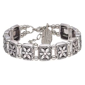 Bracelet, antique silver-plated steel and pewter (tin-based alloy), 14mm wide with rectangle and flower design with feather dangle, 6-1/2 inches with 1-3/4 inch extender chain and lobster claw clasp. Sold individually.