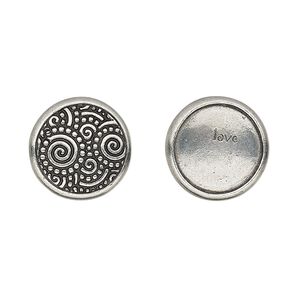 Snap cap, TierraCast®, glue-on, antique pewter (tin-based alloy), 15mm single-sided round with swirl design and "love." Sold per pkg of 2.